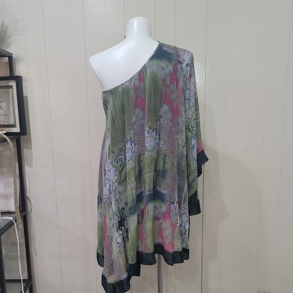 ABS by Allen Swartz Multi Color Tunic Dress Blouse Sz M Lined One Shoulder NWT - Picture 8 of 13